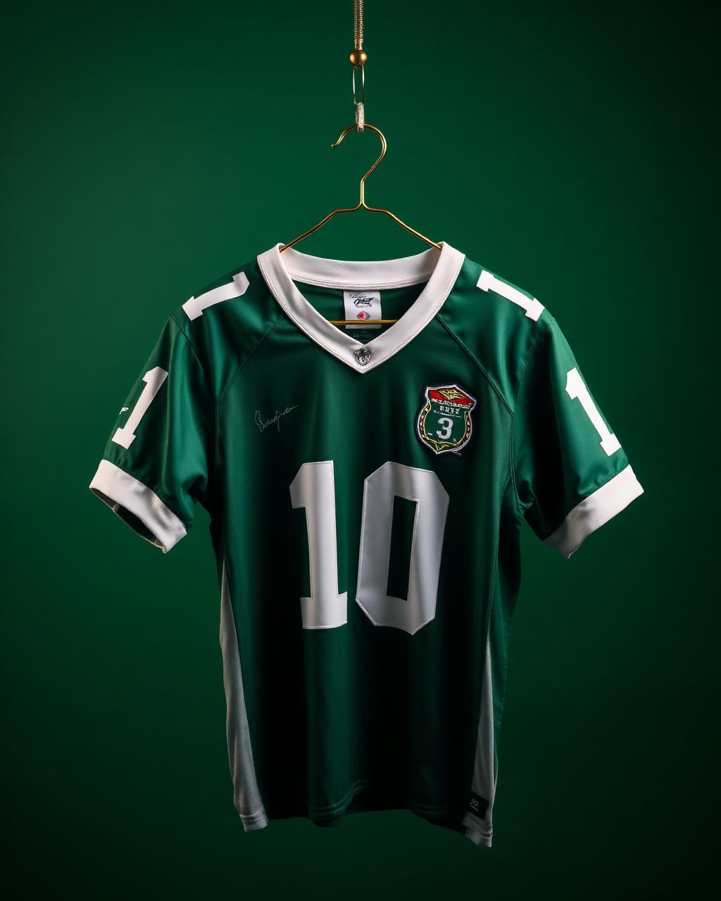 Signed soccer jersey on a hanger against a dark green backdrop